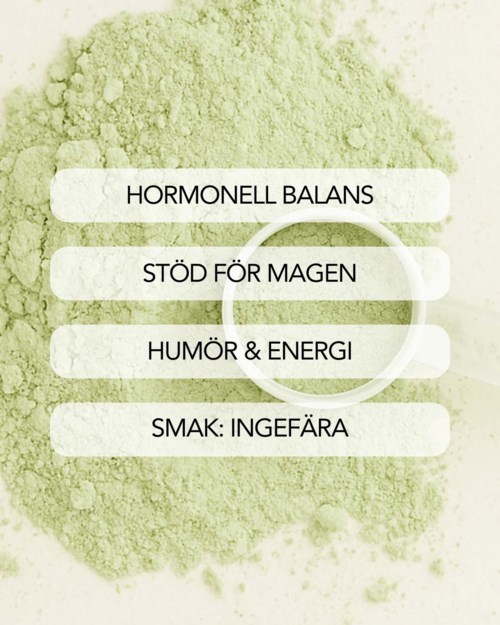 Green powder background with four white text bars about hormone balance, stomach support, mood, energy, and taste.