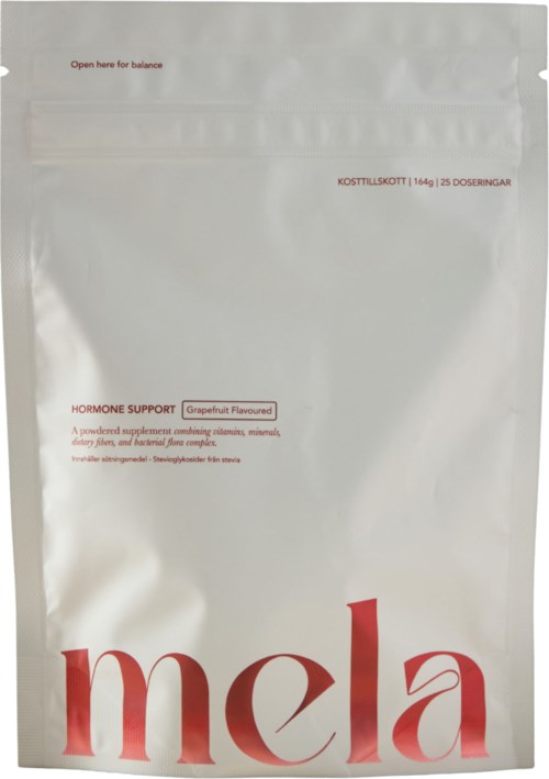 A white package label with red and black text, mentioning hormone support and grapefruit flavor.