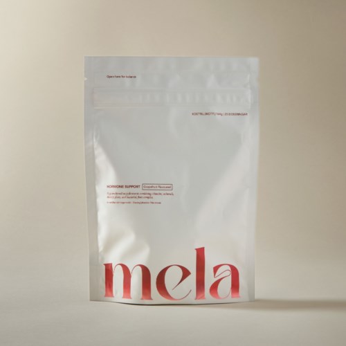 A white zippered bag with red and black text, standing upright on a plain background.