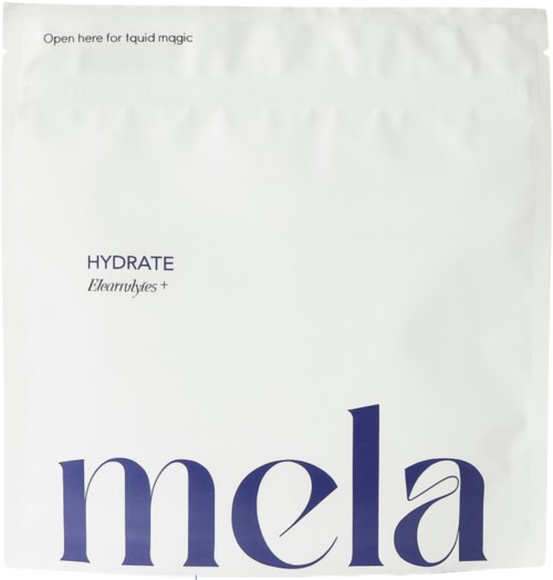 A white packet with blue text and logos, labeled for hydration and liquid magic. It has a small instruction at the top.