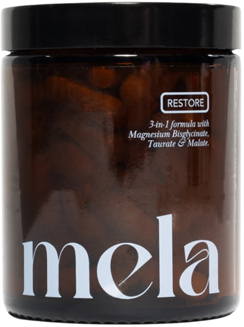 A dark brown jar labeled 'Mela' with a black lid, containing supplement tablets or capsules.
