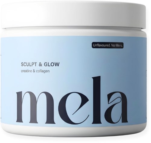 En skönhetskrämkruka märkt Mela Sculpt & Glow med kreatin och kollagen, osexad, utan fyllmedel.