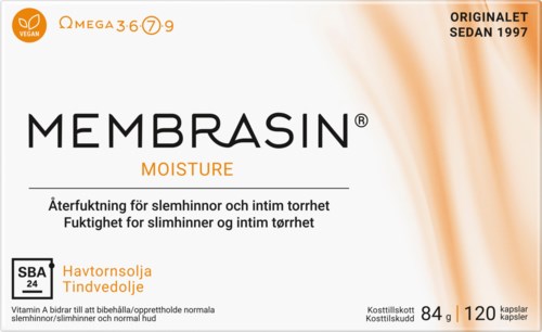 A box for a moisture product, labeled in Swedish, with a white and orange design and a vegan symbol.