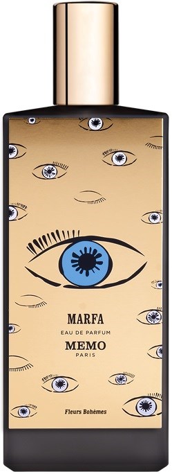 En parfyllflaska med beige etikett täckt av flera blå och svarta ögon, och en stor ögonbild i mitten.