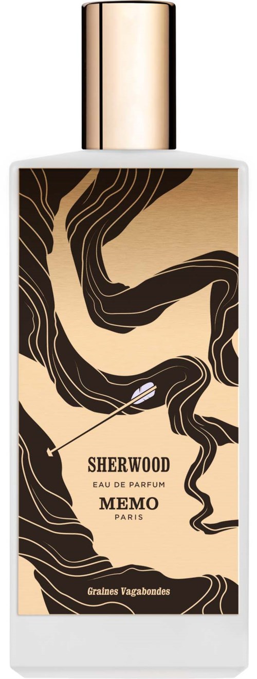 En parfyllflaska med svart och guld abstrakt design, guldlock, och etikett med texten "Sherwood Memo".