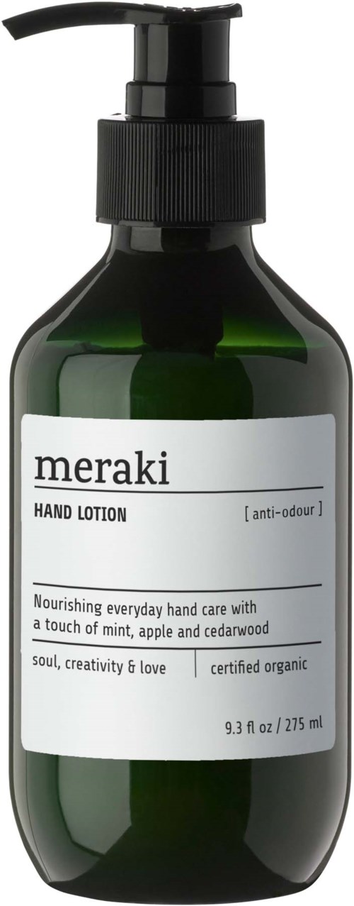 Een groene fles met pomp, gelabeld 'meraki hand lotion' met informatie over geur en biologische certificering.