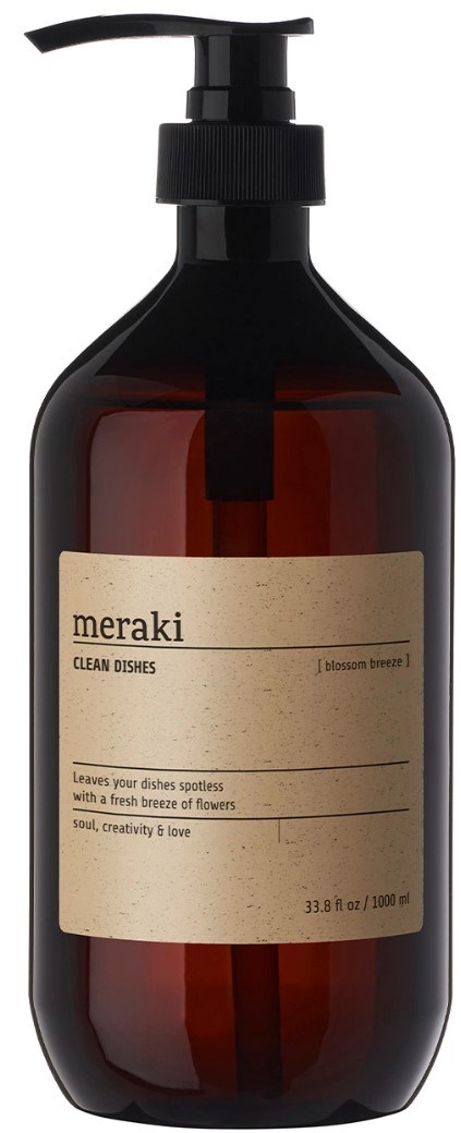 En brunt flaska med svart pump märkt 'meraki' för diskstädning.