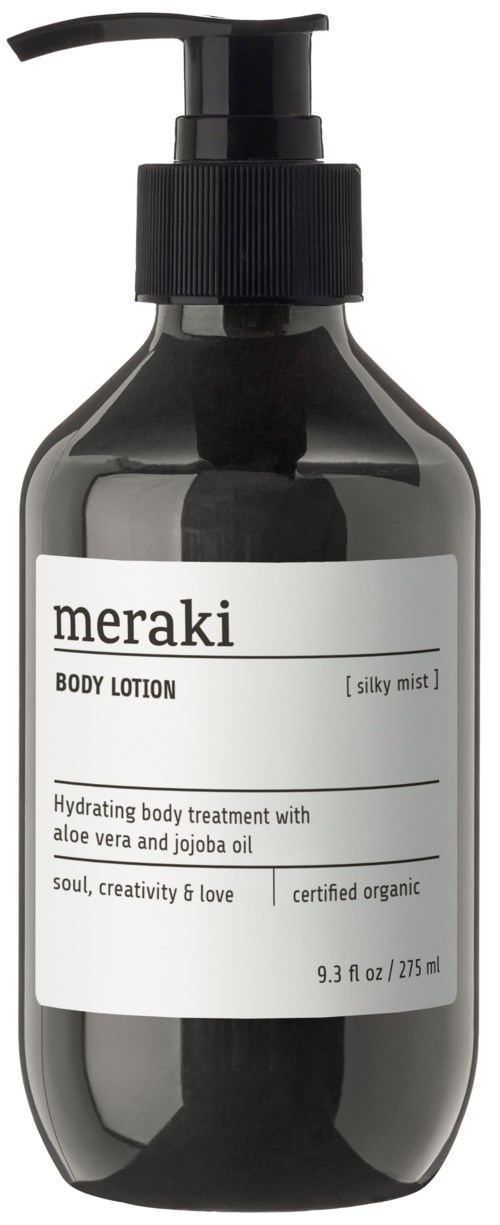 Black bottle with a pump, labeled "meraki" body lotion, contains hydrating lotion with aloe vera and jojoba oil.