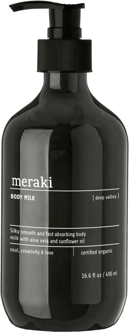 Schwarze Flasche mit Pumpkopf, markiert Meraki Body Milk, enthält organische Körpermilch mit Aloe und Sonnenblumenöl.
