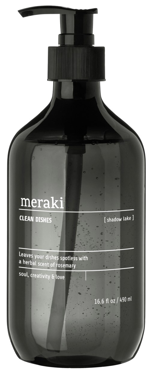 Dunkelgraue Flasche mit Pumpe namens Meraki Clean Dishes, enthält Spülmittel mit Rosmarin-Duft, 490 ml.