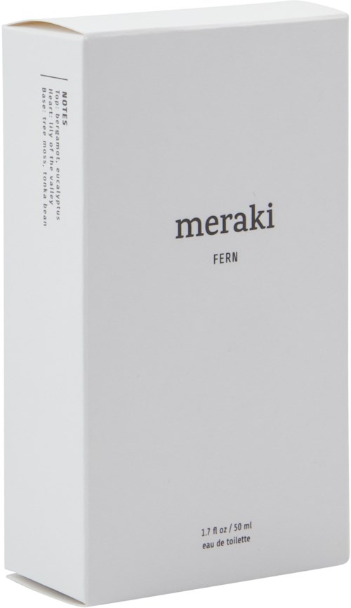 A plain white box with simple black text: "meraki" and "FERN" and details about 50 ml perfume.