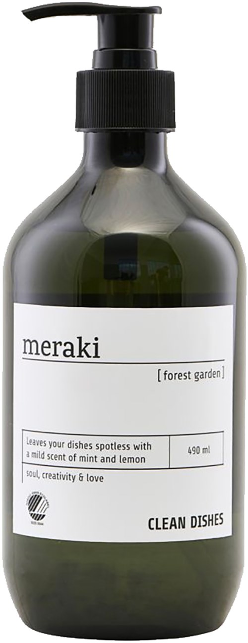 A dark green bottle with a pump dispenser, labeled Meraki Forest Garden dish cleaner, with mint and lemon scent.