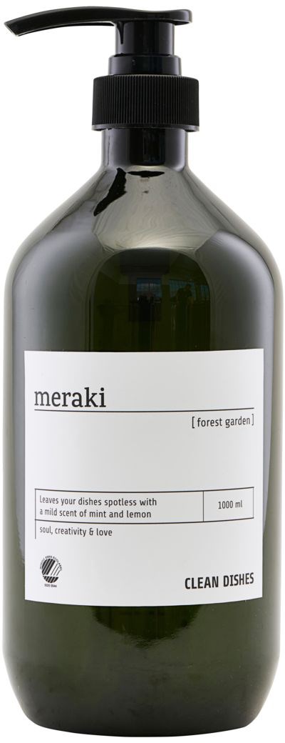 A dark green bottle with a black pump, labeled "meraki" with scent description, and soap volume, saying "CLEAN DISHES."