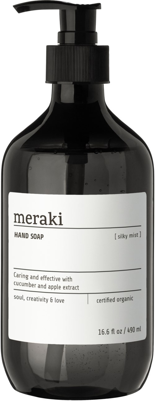 Black pump bottle of Meraki hand soap with a label describing cucumber and apple extract. Compact and simple design.