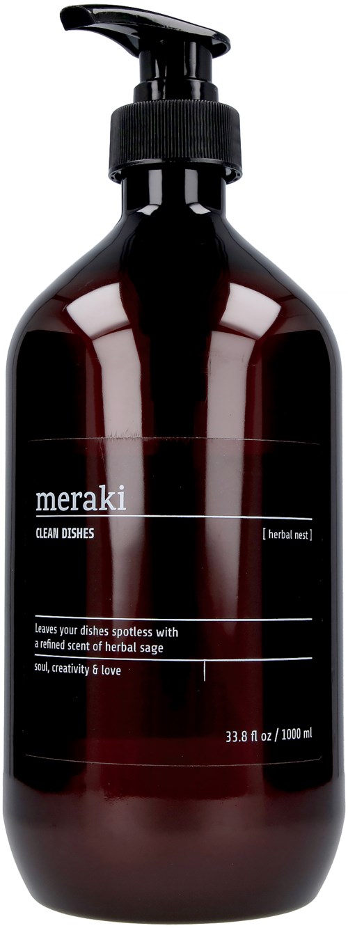 En mörk flaska med pump, märkt 'meraki' och 'HERBAL SENSE', för diskmedel med örtaktig doft.