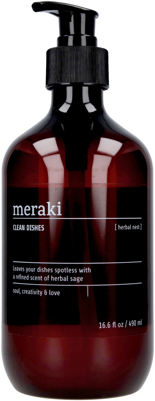 En mörkröd flaska med svart pump, märkt 'Meraki,' örtaktig doft, för disk, 16,6 oz.