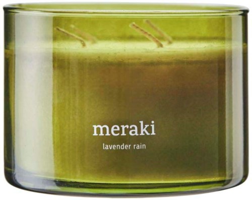 Eine grüne Duftkerze mit Lavendelgeruch, beschriftet "meraki lavendar rain," in einem transparenten Glasbehälter.