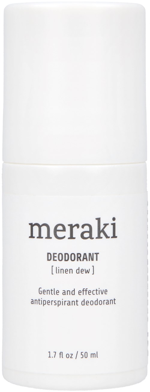 Valkoinen pyöreä pullo, jossa teksti 'meraki deodorant linen dew, lempeä ja tehokas, 50 ml.'
