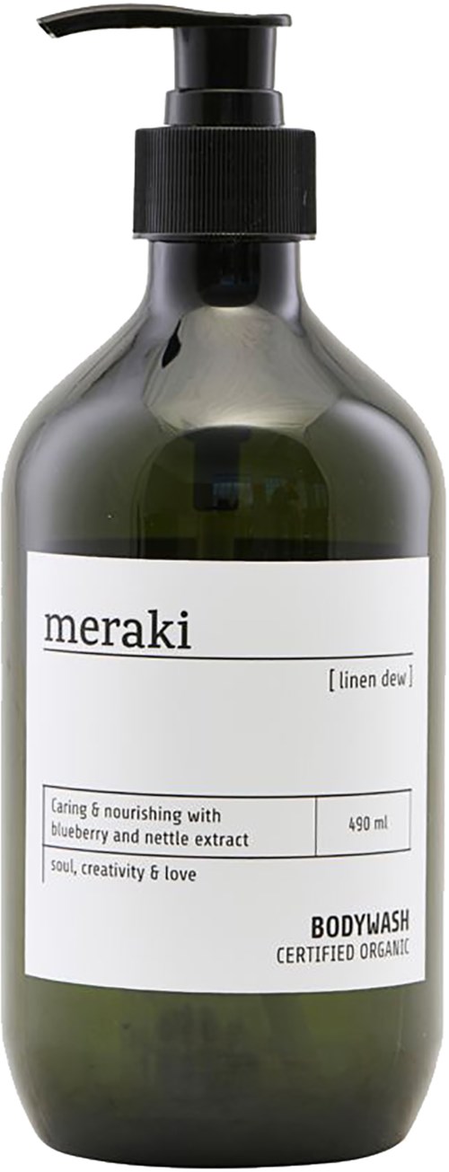 Eine dunkelgrüne Duschflasche mit schwarzem Pumphals, Aufkleber sagt 'meraki,' enthält Blaubeer- und Mellette-Extrakt.
