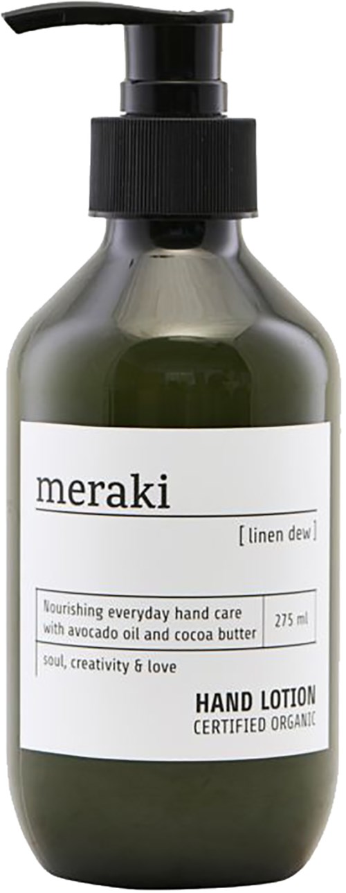 A dark green hand lotion bottle with a black pump, labeled "meraki" and describes nourishing, organic ingredients.