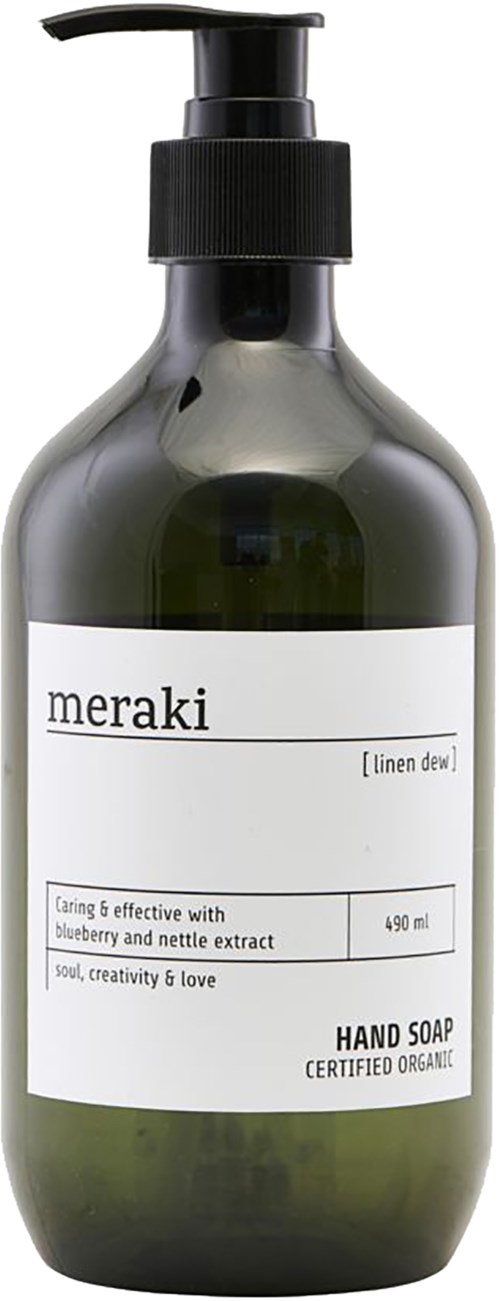A dark green bottle with a black pump, labeled 'meraki' and 'HAND SOAP', contains blueberry and nettle extract.