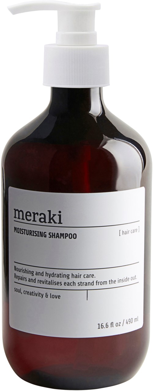 A dark amber bottle with a white pump top. Label reads "Meraki Moisturising Shampoo" for nourishing hair care.