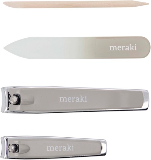 A wooden stick, a grey nail file with 'meraki' written on it, and two silver nail clippers with 'meraki' printed.