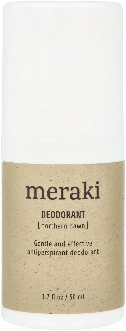 En roll-on deodorant med vit lock och naturlig beige etikett med svart text som säger "meraki" och detaljer.