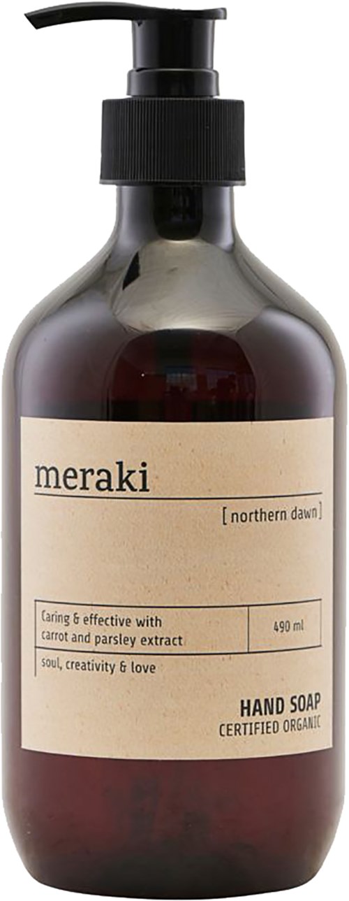A dark brown hand soap bottle with a pump, labeled "meraki" and "HAND SOAP",
