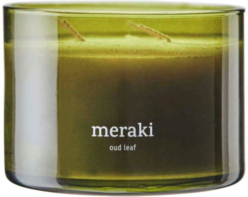 Green candle labeled 'meraki oud leaf' with two wicks, in a clear glass container.