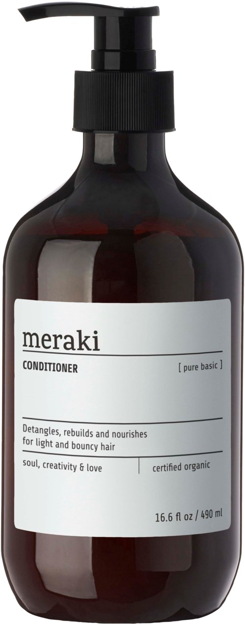 Eine dunkle Flasche mit Pumpe, enthält Meraki Conditioner zur Haarbeseitigung und Pflege.