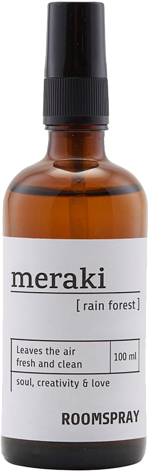 En liten bärnstensfärgad sprayflaska märkt 'meraki rain forest' för rumsspréj.