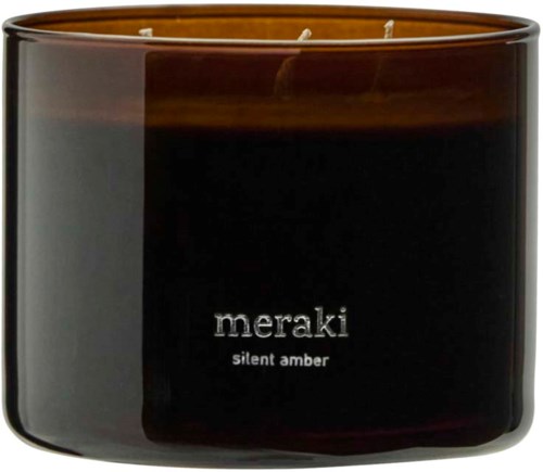 Tummahkonruskea lasipenkki, jossa on musta etiketti, jossa lukee Meraki silent amber.