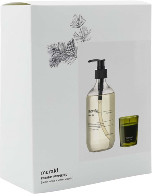 Meraki Everyday Pampering -setissä on kirkas saippuapumppu ja mustalla korkilla varustettu purkki.