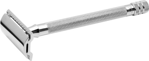 A shiny, silver safety razor with a textured handle and a straight razor head.