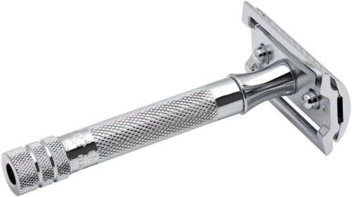 A metal safety razor with a textured handle and a flat head for shaving.