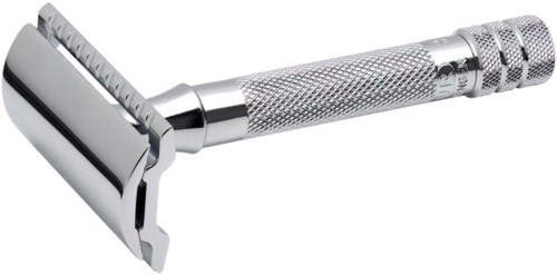 A shiny, metallic safety razor with a textured handle and a double-blade head for shaving.