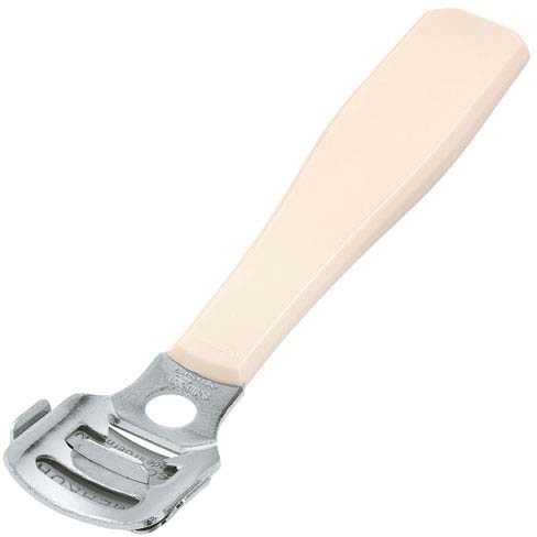 A vegetable peeler with a cream handle and a metal blade.