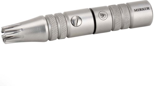 A metal medical tool with a screw and a cylindrical tip, likely used for dental or surgical procedures.