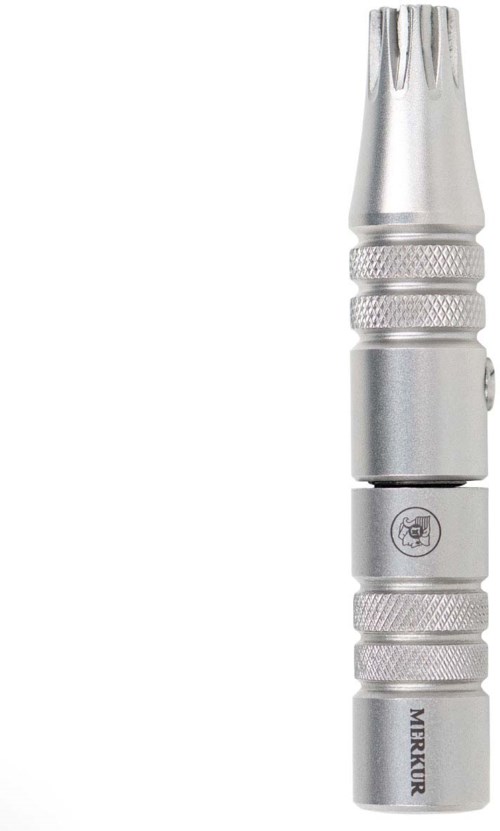 A silver safety whistle with textured grip and small emblem, labeled "MERKURA."