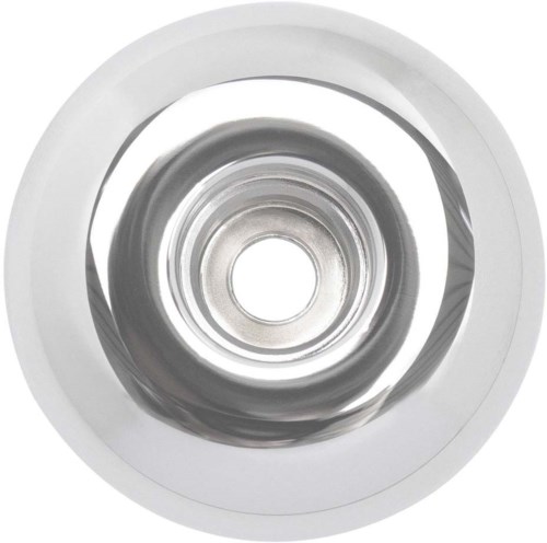 A metallic circular object with multiple concentric rings, shiny surface, and hollow center.