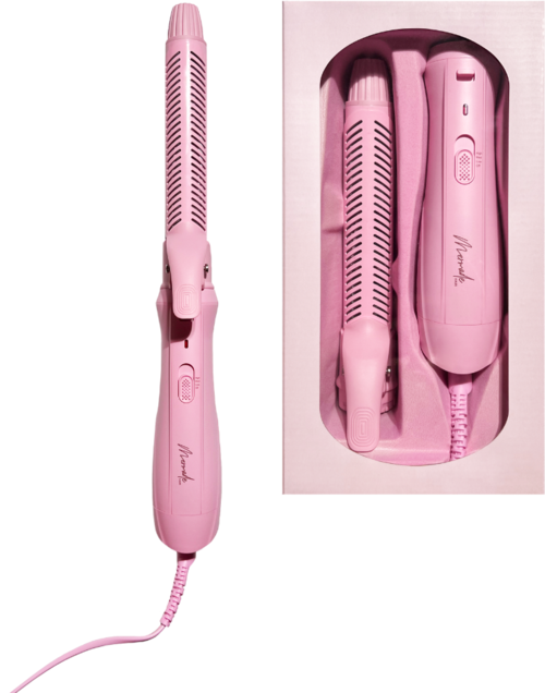 A pink hair curling iron with a cord, presented in a matching pink box, showing the device's design and features.