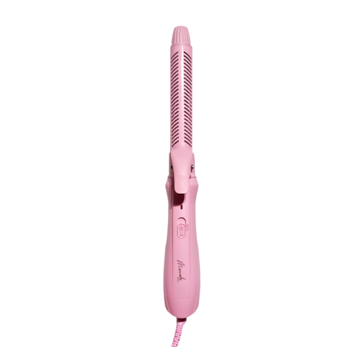 A pink flat iron with vents and a handle for hair styling.