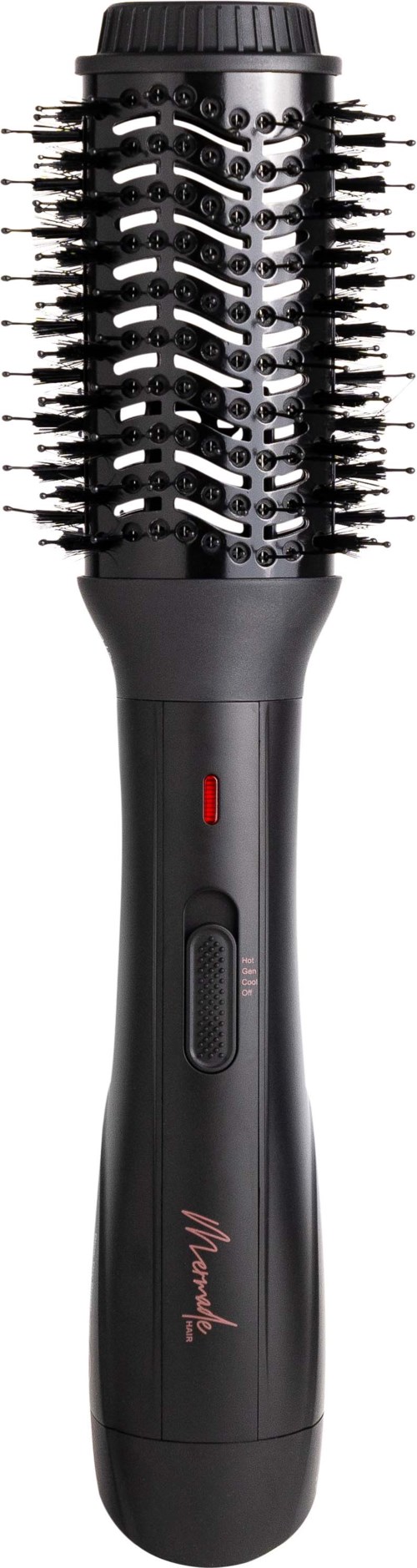A black heated hair straightening brush with bristles and adjustable temperature control.