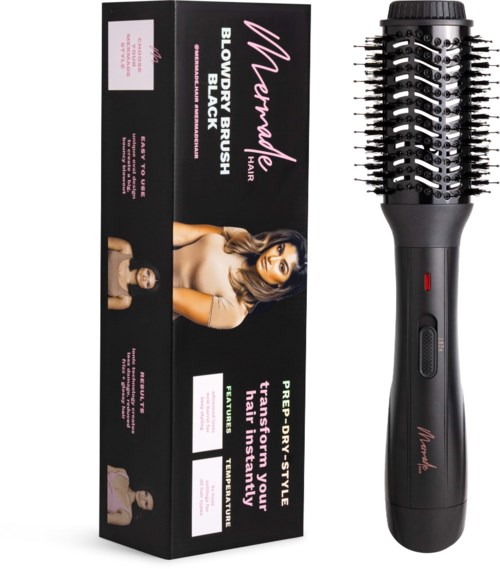 The package shows a woman with brown hair and a black hairbrush with buttons. The box describes a blow-dry brush for styling.
