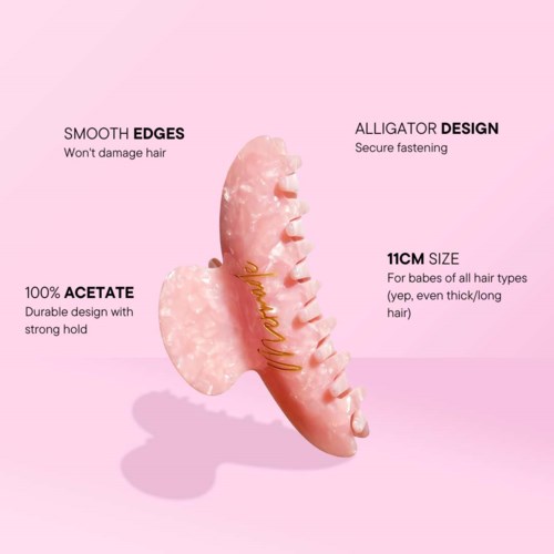 The product is a pink dental grooming device with smooth edges, made of acetate, 11cm long, designed for all hair types.