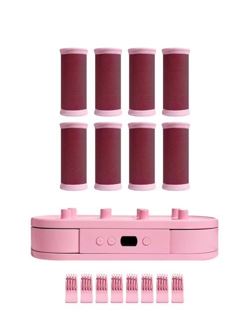 Eight pink bottles, a pink device with buttons and a digital display, and small pink caps below.