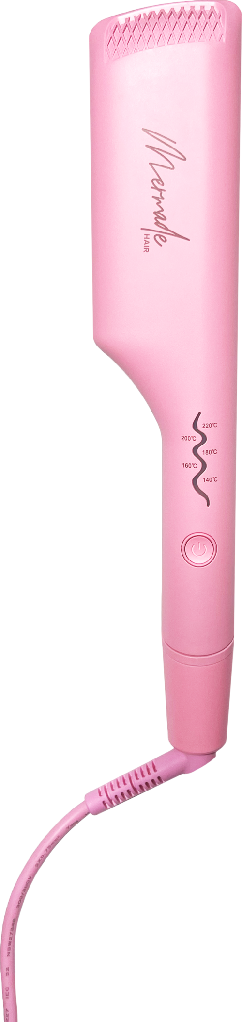 A pink hair straightener with buttons and a cord, labeled 'Namble'.
