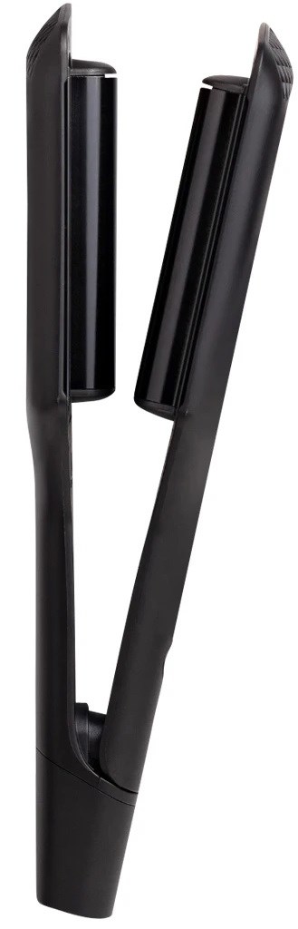 A black flat iron with two heated plates used for straightening hair.