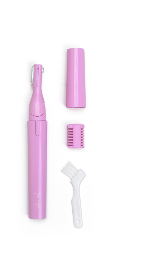 Pink electric trimmer with attachments, including a cap, comb, and brush.